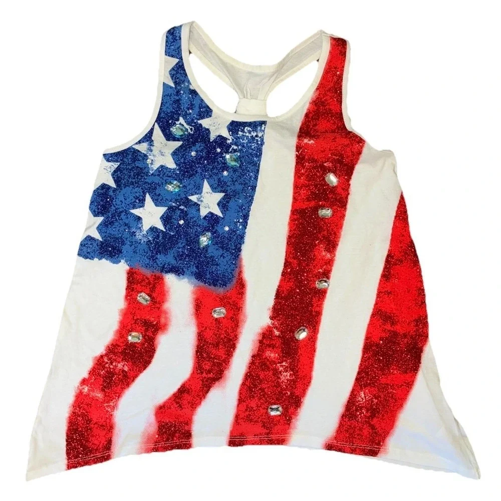 Justice Tank Top Girls 16 USA Patriotic Racer Back Bow Rhinestones Shimmer NEW
